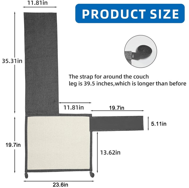 Oroonoko Cat Scratch Sofa Protector,Cat Scratching Couch Protector with 19.7''L*23.6''W Natural Sisal Cat Scratcher Mat for Protecting Couch Sofa Chair (Dark Grey/Right Hand) - Image 2