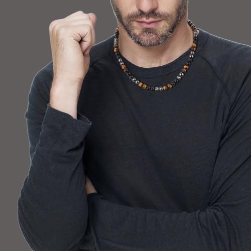 GAVU Triple Protection Beaded Necklace for Men, Men’s 10mm Hematite Tiger eye Obsidian Necklace 24" - Image 2