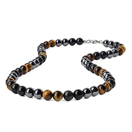 GAVU Triple Protection Beaded Necklace for Men, Men’s 10mm Hematite Tiger eye Obsidian Necklace 24" - Image 1