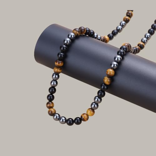 GAVU Triple Protection Beaded Necklace for Men, Men’s 10mm Hematite Tiger eye Obsidian Necklace 24" - Image 4