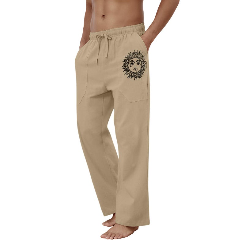 Puimentiua Cotton Linen Pants Men, Summer Beach Pants Loose Fit with Elastic Waist Drawstring Coffee - Image 5