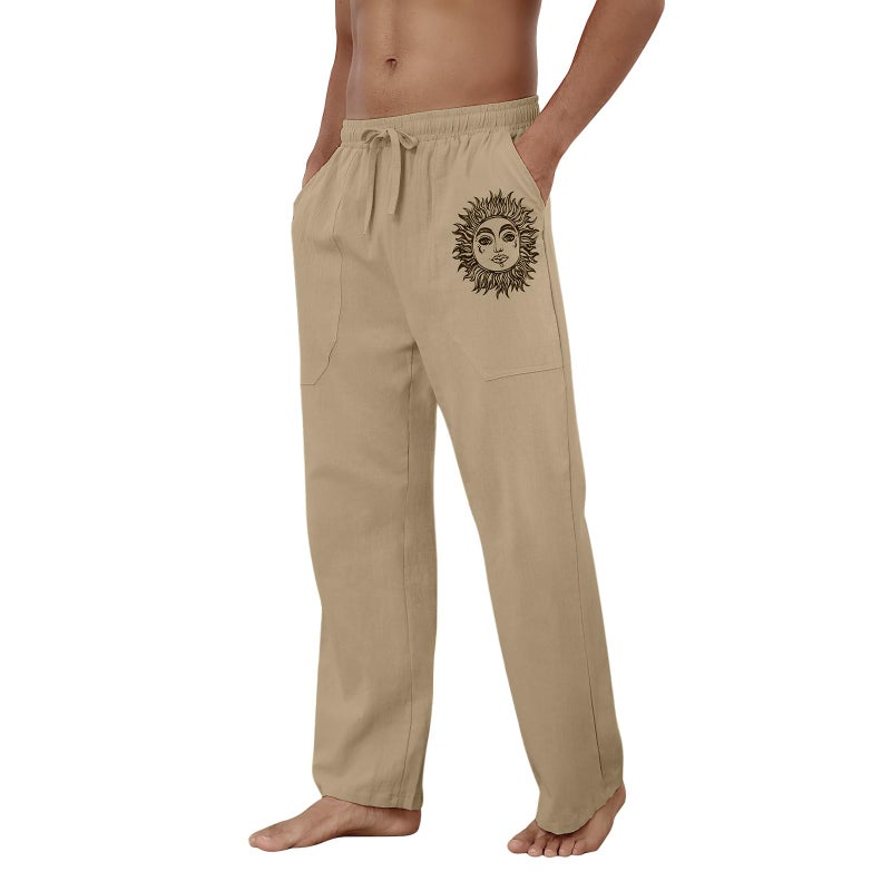 Puimentiua Cotton Linen Pants Men, Summer Beach Pants Loose Fit with Elastic Waist Drawstring Coffee - Image 3