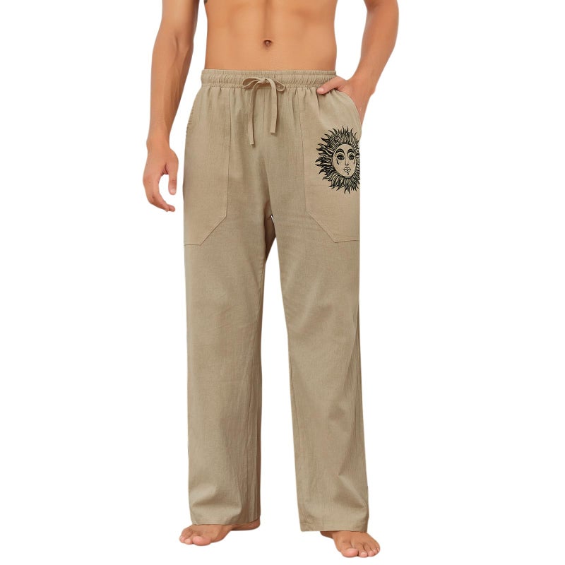 Puimentiua Cotton Linen Pants Men, Summer Beach Pants Loose Fit with Elastic Waist Drawstring Coffee - Image 4