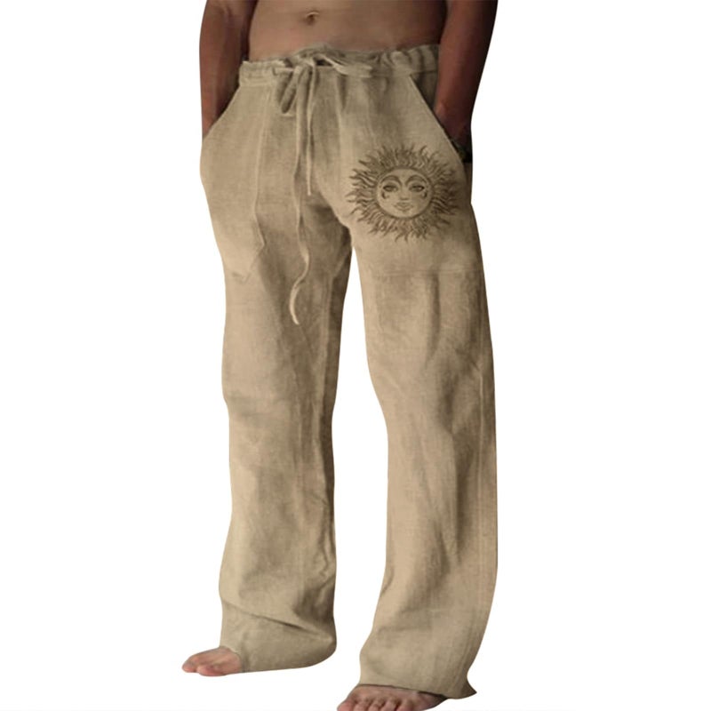 Puimentiua Cotton Linen Pants Men, Summer Beach Pants Loose Fit with Elastic Waist Drawstring Coffee - Image 1