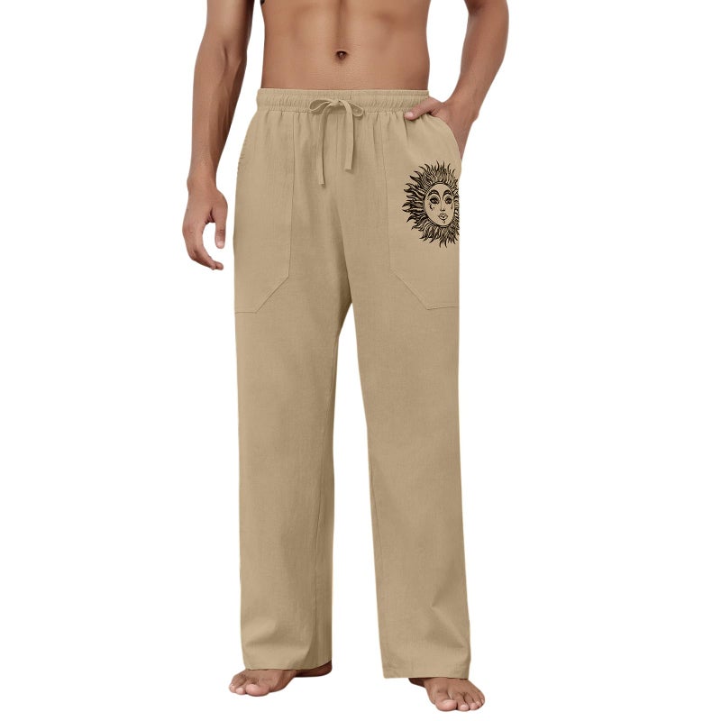 Puimentiua Cotton Linen Pants Men, Summer Beach Pants Loose Fit with Elastic Waist Drawstring Coffee - Image 2