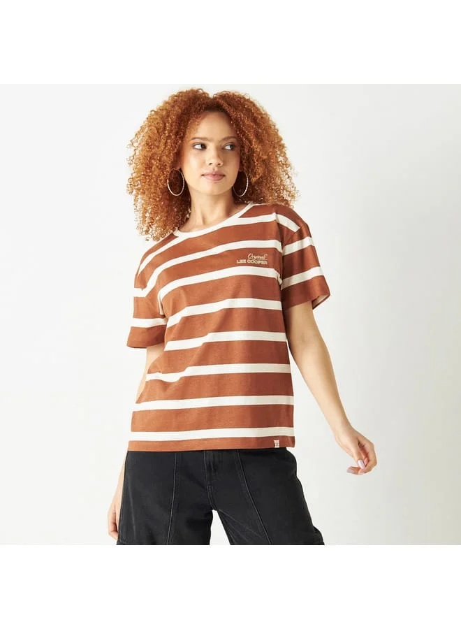 Lee Cooper Lee Cooper Logo Print Striped T-shirt with Round Neck and Short Sleeves