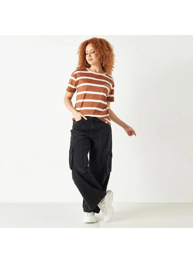 Lee Cooper Lee Cooper Logo Print Striped T-shirt with Round Neck and Short Sleeves