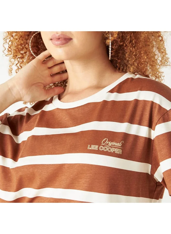 Lee Cooper Lee Cooper Logo Print Striped T-shirt with Round Neck and Short Sleeves