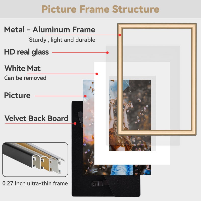 Fkvat 3.5x5 Picture Frame Set of 3  Matte Brass Modern Thin Aluminum Metal Photo Frame with HD Glass  Fits 2.5x3.5 with Mat or 3.5 x 5 without Mat  for Tabletop and Wall Mounting - Image 4