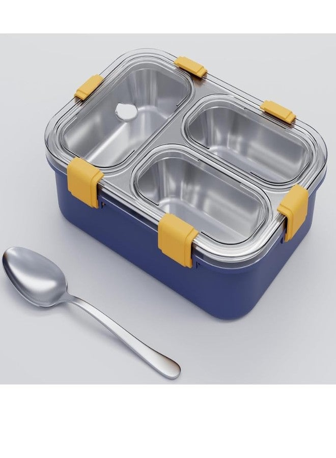 Penario 3-Compartment Stainless Steel Lunch Box for Office & School | Leak-Proof Bento Tiffin Box with Airtight Lid and Spoon | BPA-Free, Durable & Portable (Blue-Yellow) - Image 1