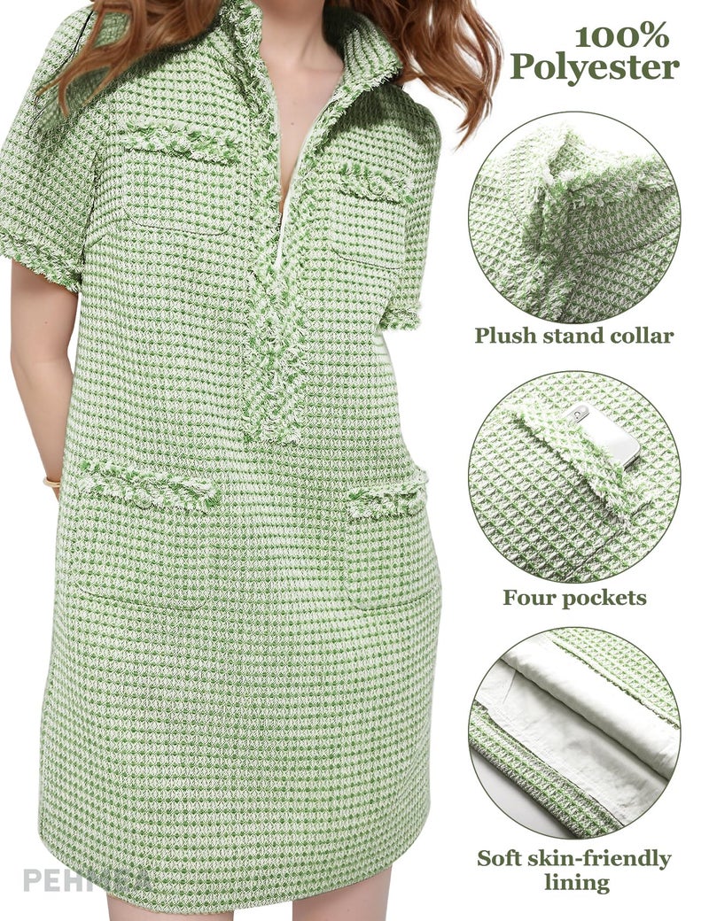 PEHMEA Women's Tweed Dress, Short Sleeve Straight Tube Mini Dress with Pockets for Business Party Work(Green-XL) - Image 5