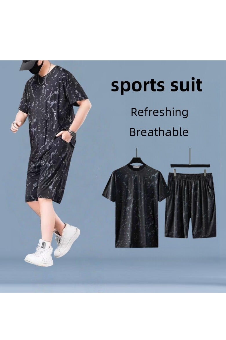 Skin Need Men's Summer Ice Silk Sportswear Set – Breathable Loose-Fit Plus Size Short Sleeve & Shorts Outfit（Suitable for 90kg-100kg） - Image 1