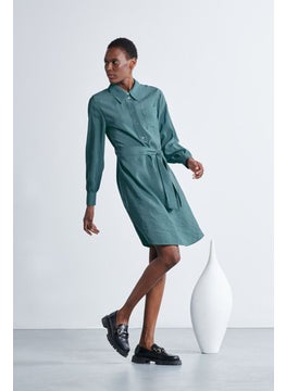 Tchibo Women Belted Solid Shirt Dress, Green  - Image 1
