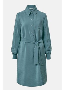 Tchibo Women Belted Solid Shirt Dress, Green  - Image 3