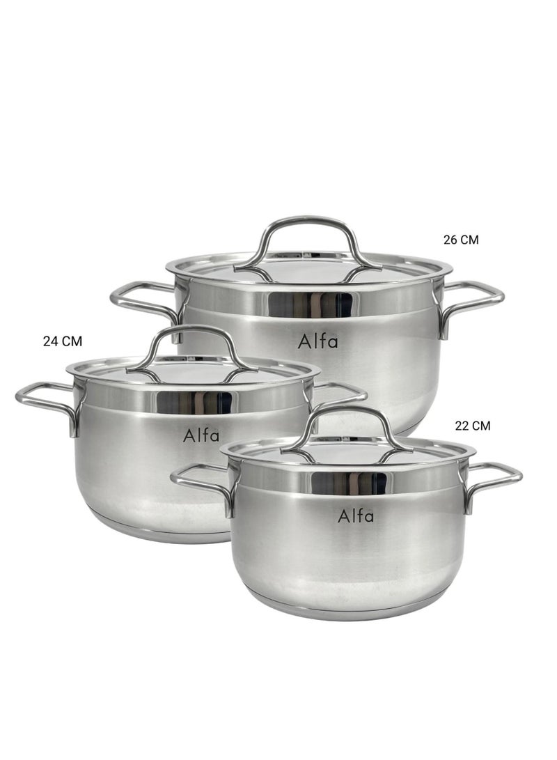 ALFA طقم أواني الطهي من ALFA 6 قطع من الفولاذ المقاوم للصدأ (22+24+26 سم) - معدات مطبخ متينة وأنيقة وعملية - Image 1