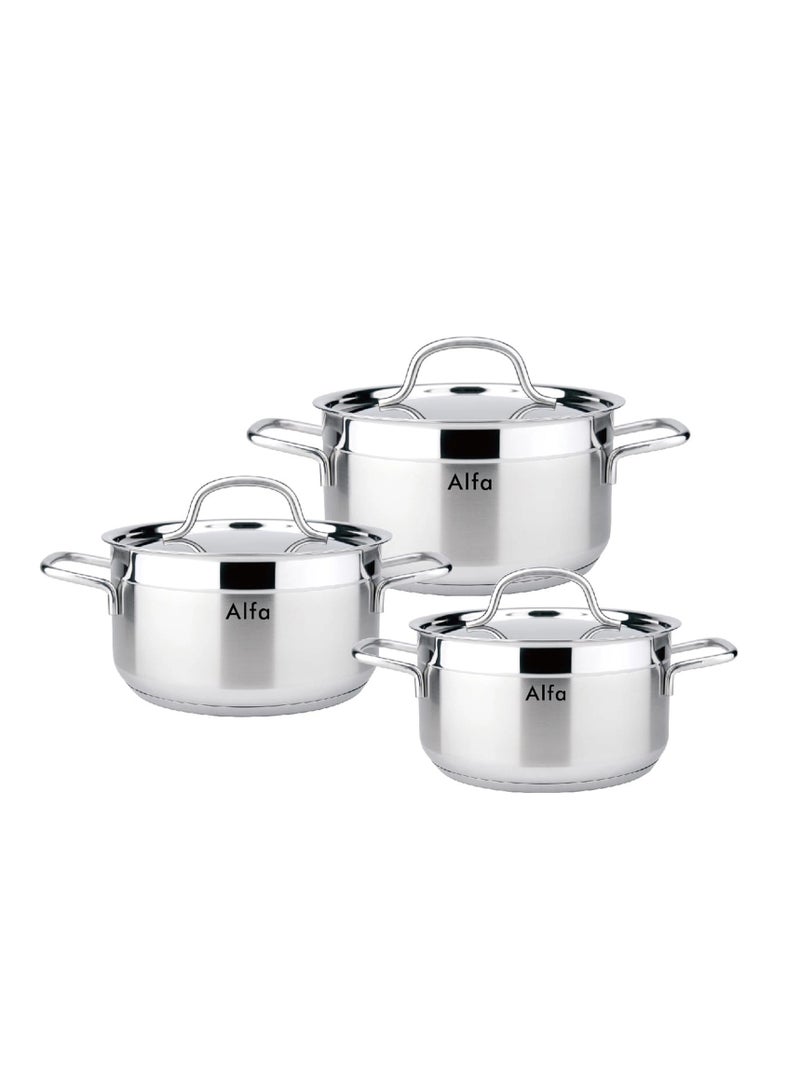 ALFA طقم أواني الطهي من ALFA 6 قطع من الفولاذ المقاوم للصدأ (22+24+26 سم) - معدات مطبخ متينة وأنيقة وعملية - Image 3
