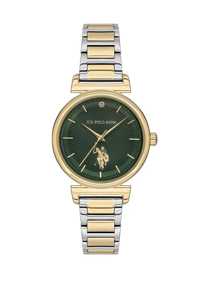 U.S. Polo Assn. U.S. Polo Assn. Stile 32mm Ladies' Watch with Bold Green Dial & Stone-Studs, Gold Stainless Steel Dual-Tone Band - USPA2070-05, Elegant Sophistication