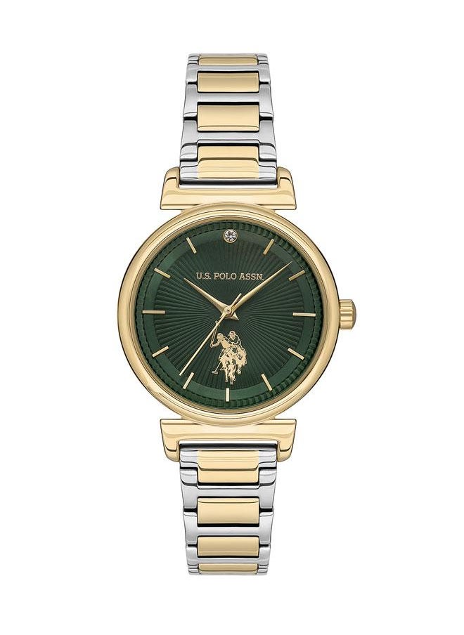 U.S. Polo Assn. U.S. Polo Assn. Stile 32mm Ladies' Watch with Bold Green Dial & Stone-Studs, Gold Stainless Steel Dual-Tone Band - USPA2070-05, Elegant Sophistication  - Image 1