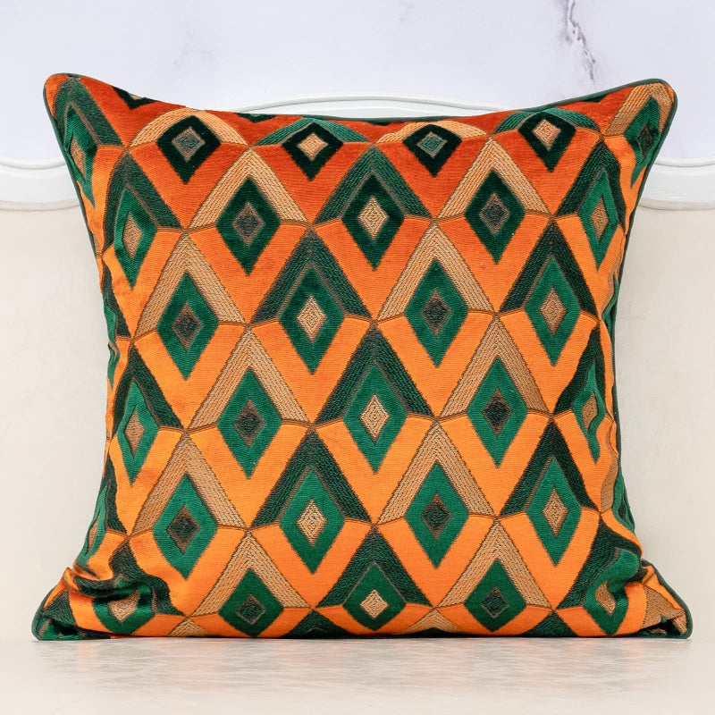 Alerfa Square Pillow Geometric Plaid Embroidery Cut Velvet Cushion Case Luxury Modern Throw Pillow Cover Decorative Pillow for Couch Sofa Living Room Bedroom Car 18 x 18 Inch Teal Orange