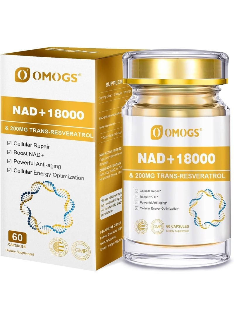 OMOGS NAD+ 300 mg + Trans-Resveratrol 200 mg, Pure NAD Supplement, Max Absorption, Boosting Supplement for DNA Repair, Healthy Aging, Cellular Energy & Longevity, 60 Capsules - Image 1