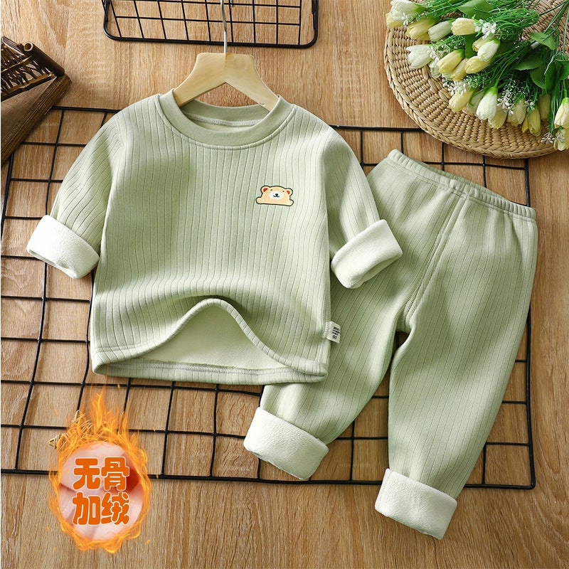 Children''s Warm Suit Fleece-Lined and Thickeneding Autumn and Winter New Baby Base Intimates Middle Kidsren''s Autumn Clothes and Long Trousers Kidsren''s Suit - Image 1