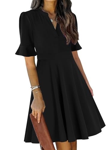 Mokayee Black Funeral Dresses for Women 2025 Summer Short Ruffle Sleeve V Neck Knee Length Fit and Flare Swing Sunday Church Petite Interview Professional Business Casual Laides Work Dress with Pockets XL - Image 5