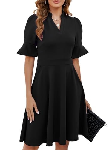 Mokayee Black Funeral Dresses for Women 2025 Summer Short Ruffle Sleeve V Neck Knee Length Fit and Flare Swing Sunday Church Petite Interview Professional Business Casual Laides Work Dress with Pockets XL - Image 3