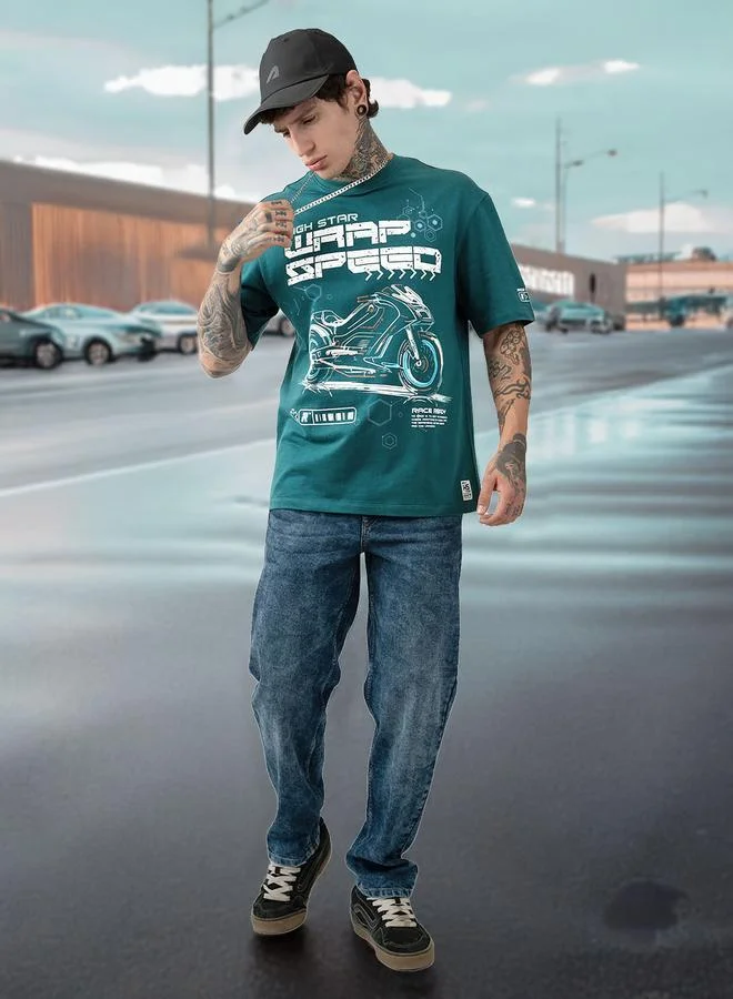 هاي ستار تي شيرت قطن مطبوع برسومات موتو ريسر بياقة دائرية وأكمام قصيرة بقصة مريحة