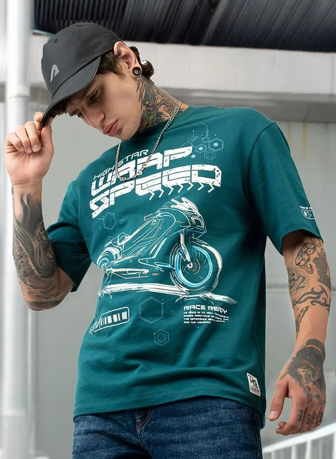 هاي ستار تي شيرت قطن مطبوع برسومات موتو ريسر بياقة دائرية وأكمام قصيرة بقصة مريحة