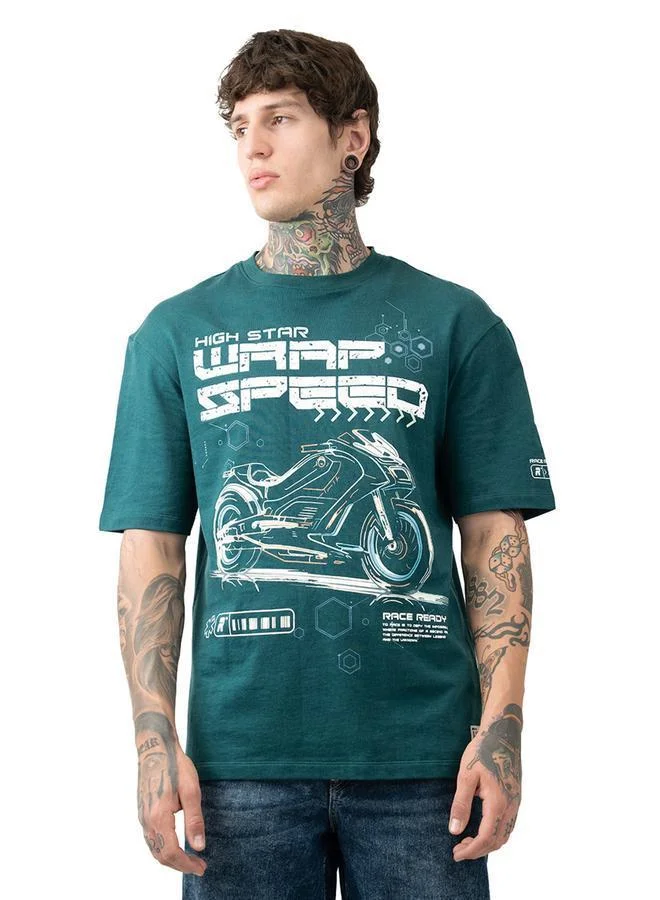 هاي ستار تي شيرت قطن مطبوع برسومات موتو ريسر بياقة دائرية وأكمام قصيرة بقصة مريحة
