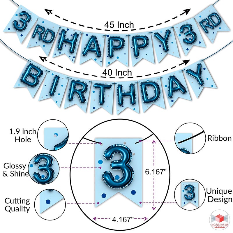 WOBBOX Third Birthday Photo Booth Party Props Blue for Baby Boy with 3rd Birthday Bunting Banner for Baby Boy in Blue, 3rd Birthday Decorations for Boys, Kids Birthday Party Decoration Items - Image 3