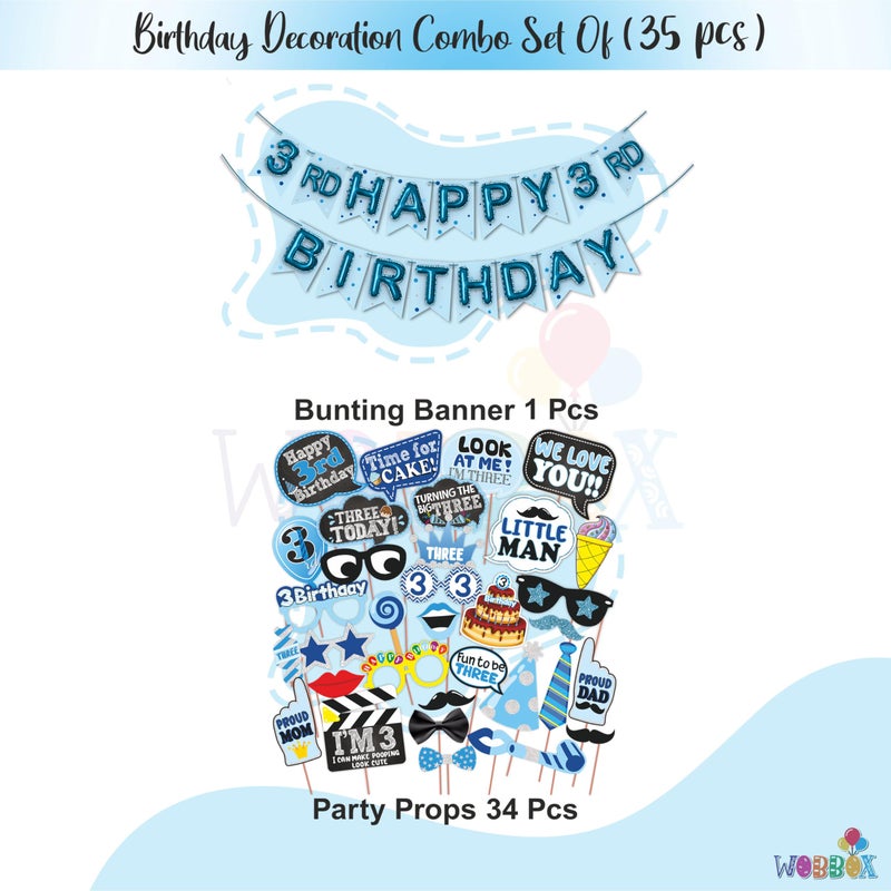WOBBOX Third Birthday Photo Booth Party Props Blue for Baby Boy with 3rd Birthday Bunting Banner for Baby Boy in Blue, 3rd Birthday Decorations for Boys, Kids Birthday Party Decoration Items - Image 2