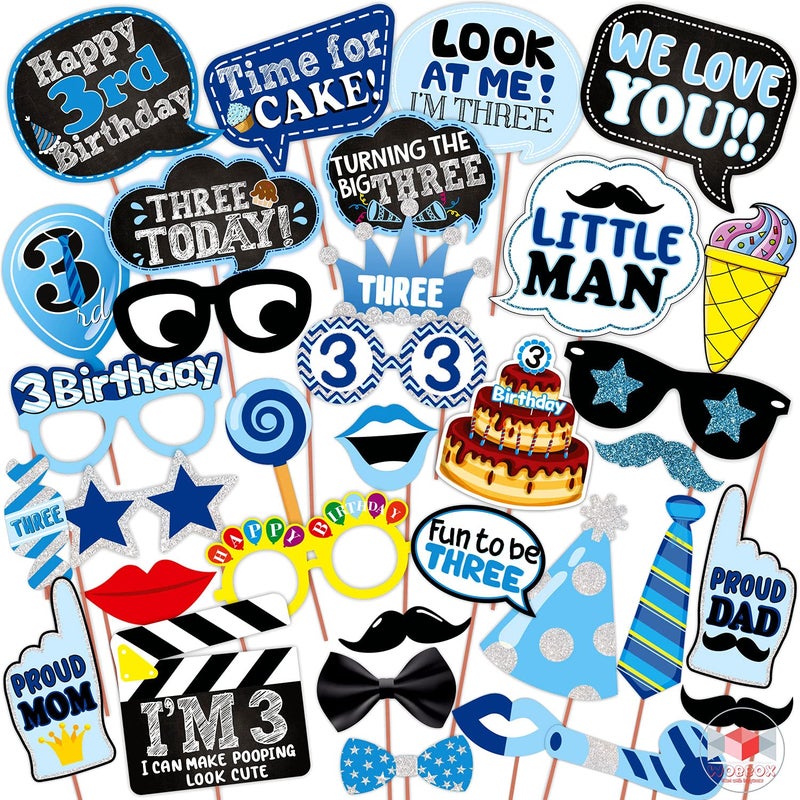 WOBBOX Third Birthday Photo Booth Party Props Blue for Baby Boy with 3rd Birthday Bunting Banner for Baby Boy in Blue, 3rd Birthday Decorations for Boys, Kids Birthday Party Decoration Items - Image 5