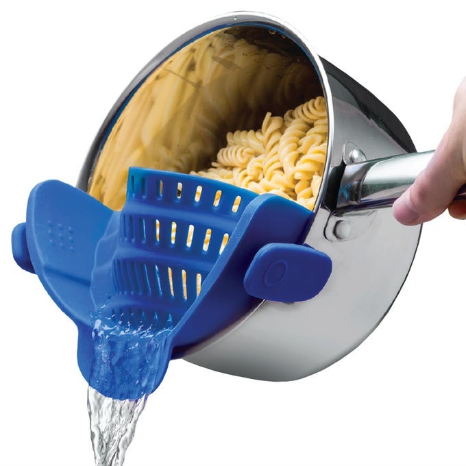 SNAP N STRAIN SILICONE CLIPON STRAINER FOR POTS PANS AND BOWLS HEATRESISTANT KITCHEN GADGETS ESSENTIAL COLANDER DRAINER FOR VEGETABLES AND PASTA 787X276X453INCH BLUE