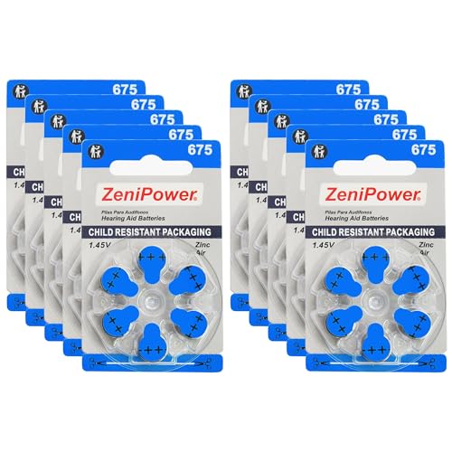 ZeniPower Size 675 Mercury Free 1.45V Hearing Aid Batteries Zinc Air (60 Batteries) - Image 1