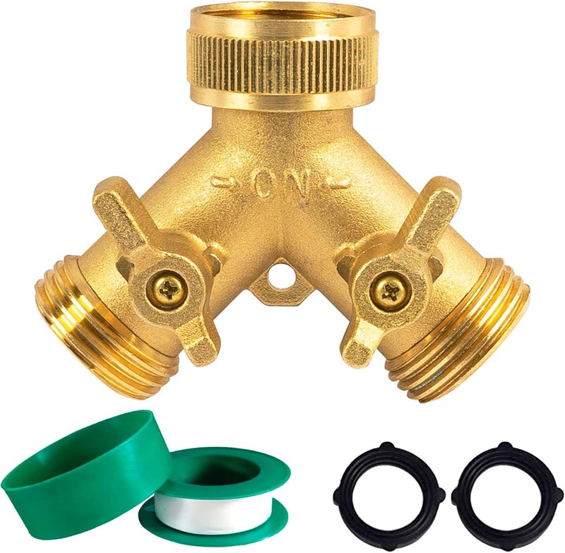 Hourleey موزع خرطوم حديقة من النحاس الصلب (ثنائي الاتجاه) من هورلي، موزع خرطوم على شكل Y مع صمامين و2 حلقة مطاطية إضافية (نحاس) - Image 1