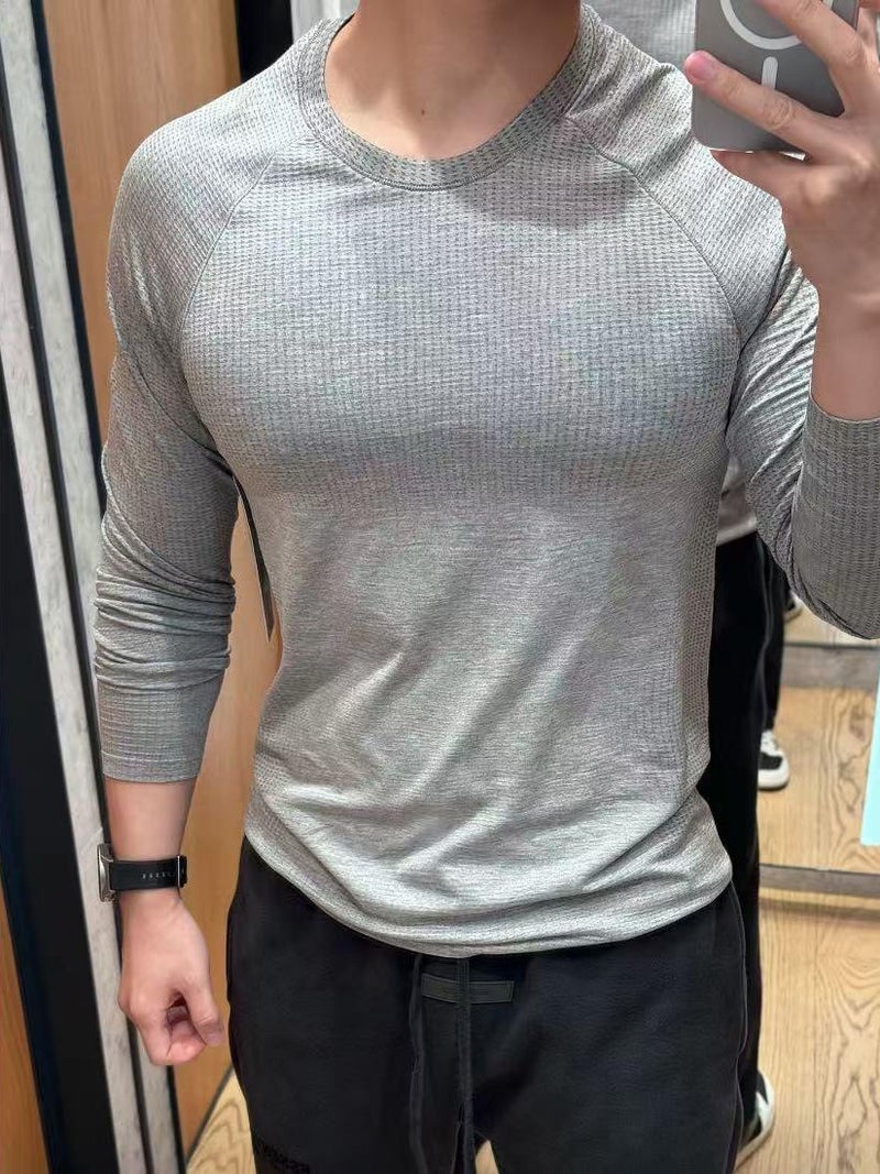 Qi Ta Seamless Jacquard Quick-Dry Long Sleeve T-Shirt for Men, Athletic Training Top, Breathable Cycling Base Layer - Image 4