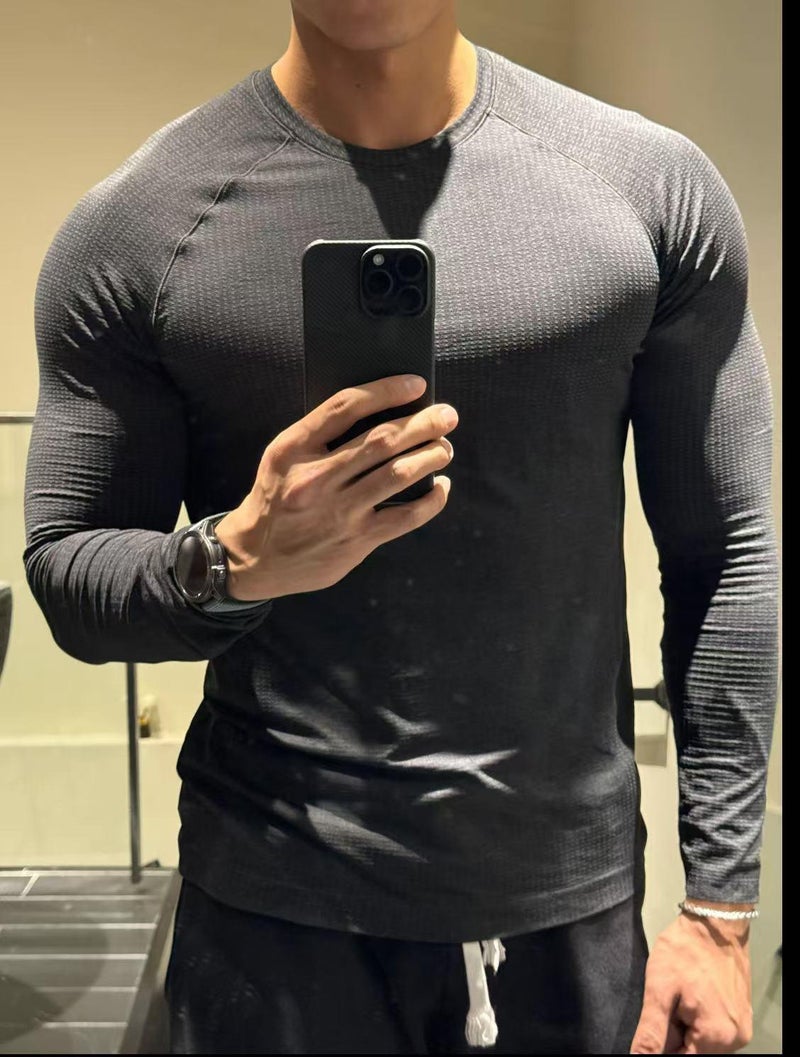 Qi Ta Seamless Jacquard Quick-Dry Long Sleeve T-Shirt for Men, Athletic Training Top, Breathable Cycling Base Layer - Image 3