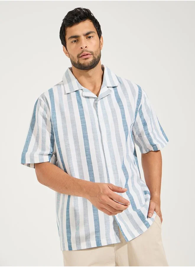 Styli Yarn Dyed Stripe Resort Collar Relaxed Fit Shirt