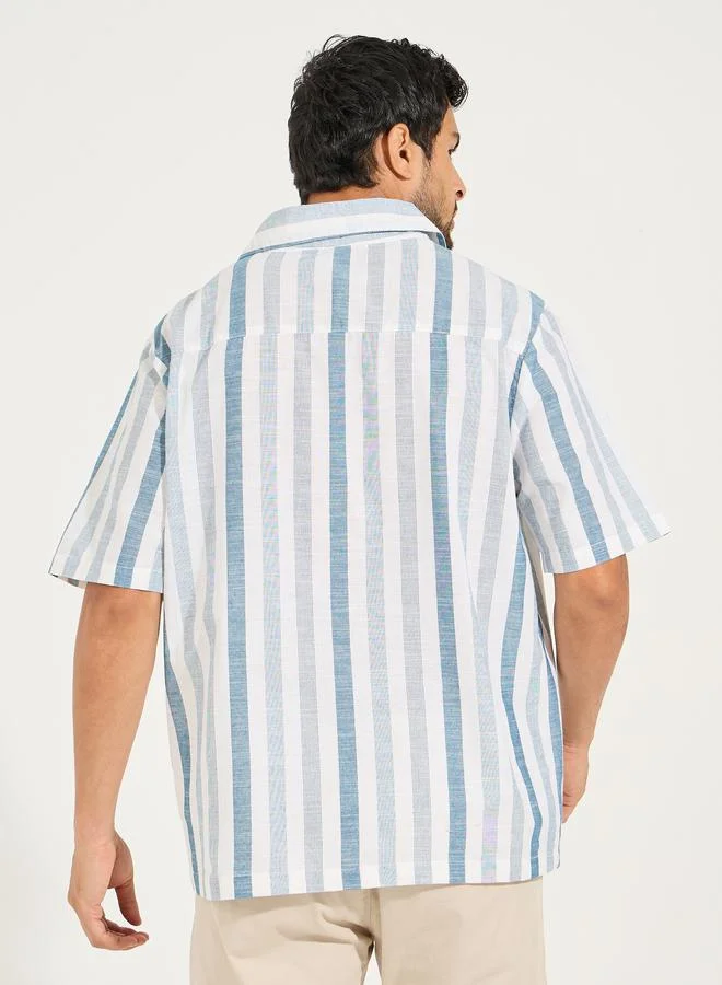 Styli Yarn Dyed Stripe Resort Collar Relaxed Fit Shirt