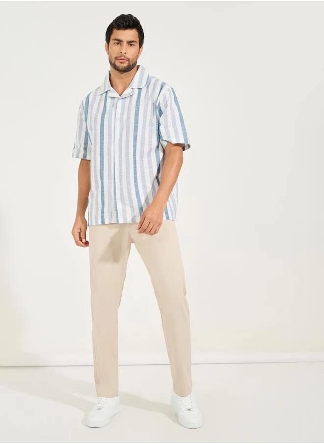 Styli Yarn Dyed Stripe Resort Collar Relaxed Fit Shirt