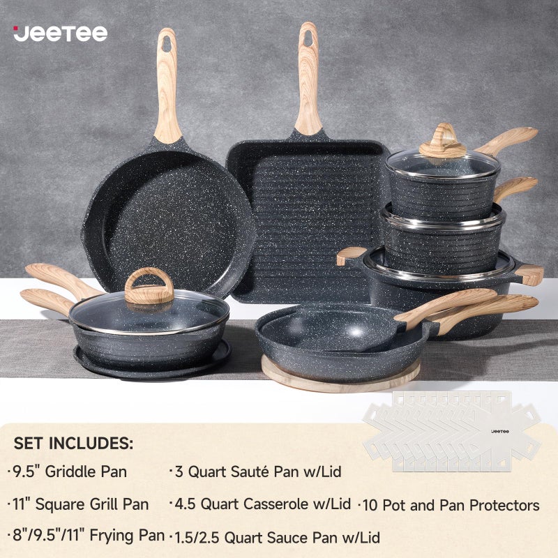 JEETEE Pots and Pans Set Non Stick 23pcs, Healthy Kitchen Cookware Sets, Induction Cooking Set W/Gray Frying Pans, Saucepans, SautÃ© & Griddle & Crepe Pan (PFOA, PFAS Free) - Image 2