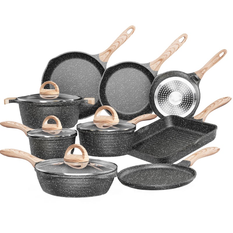 JEETEE Pots and Pans Set Non Stick 23pcs, Healthy Kitchen Cookware Sets, Induction Cooking Set W/Gray Frying Pans, Saucepans, SautÃ© & Griddle & Crepe Pan (PFOA, PFAS Free) - Image 1