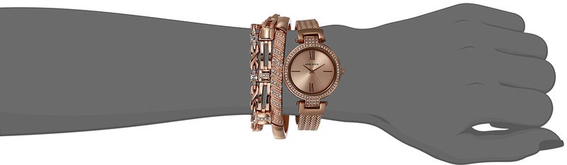 ANNE KLEIN ساعة وأساور أن كليين النسائية المميزة مع كريستالات، AK/3584 ذهب وردي - Image 3