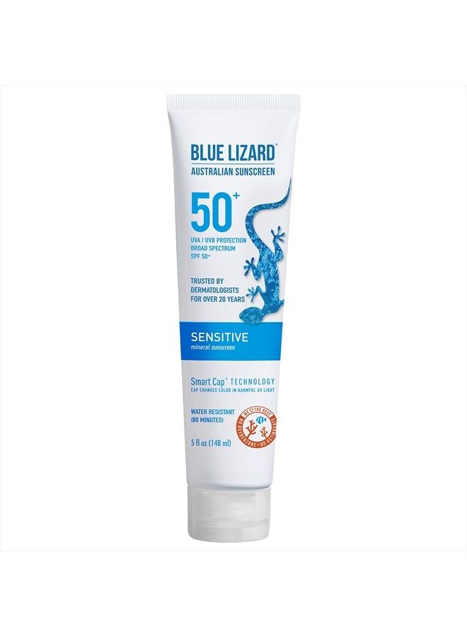 BLUE LIZARD Sensitive Mineral Sunscreen with Zinc Oxide 50+ Water Resistant UVAUVB Protection with Smart Cap Technology Fragrance Free, Sensitve, SPF 50 - - Tube, Unscented, 5 Fl Oz - Image 1