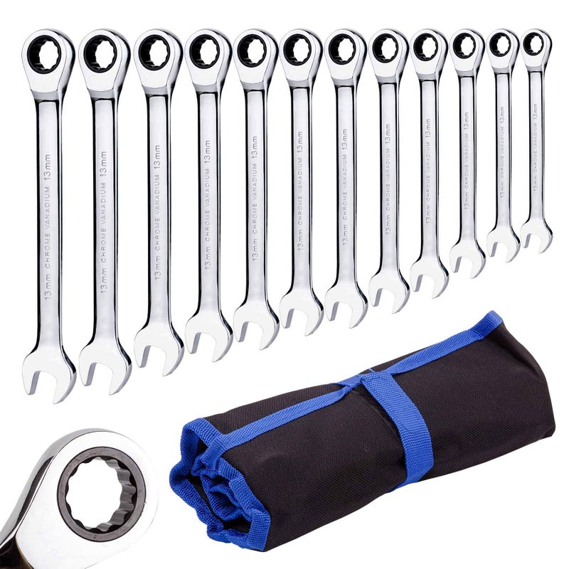 Qnkaa Ratchet Spanner Set Combination Wrench 12 Piece Metric Sizes from 8mm to 19mm with Roll Bag, Perfect for Home, Bike, Car Repairs - Image 2