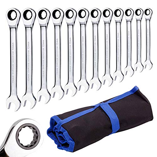 Qnkaa Ratchet Spanner Set Combination Wrench 12 Piece Metric Sizes from 8mm to 19mm with Roll Bag, Perfect for Home, Bike, Car Repairs - Image 1