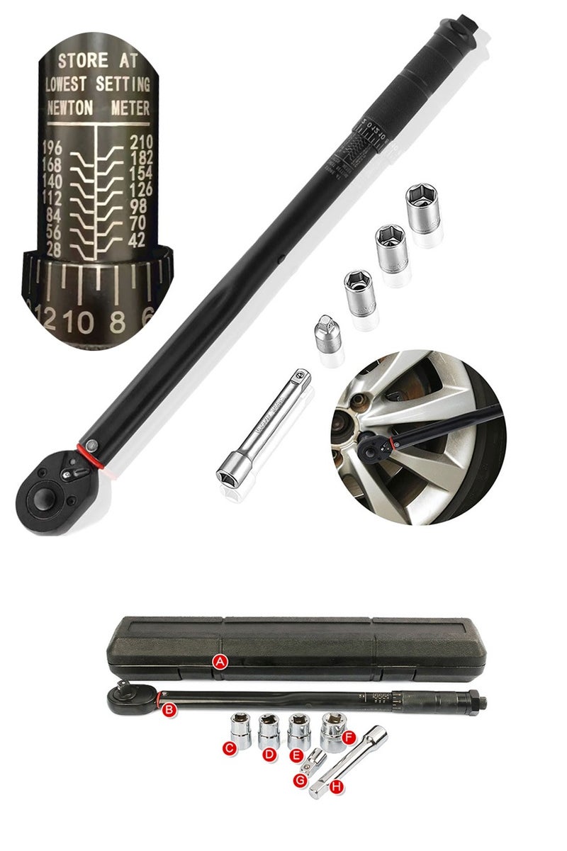 Torque Wrench 1/2 Inch 28-210Nm Two-Way Adjustable Ratchet Wrench Extension Rod 17/19/21/23mm Socket 3/8 Inch Adapter High Precision Wrench Repair Tool for Bicycle, Motorcycle, and Car Maintenance - Image 1
