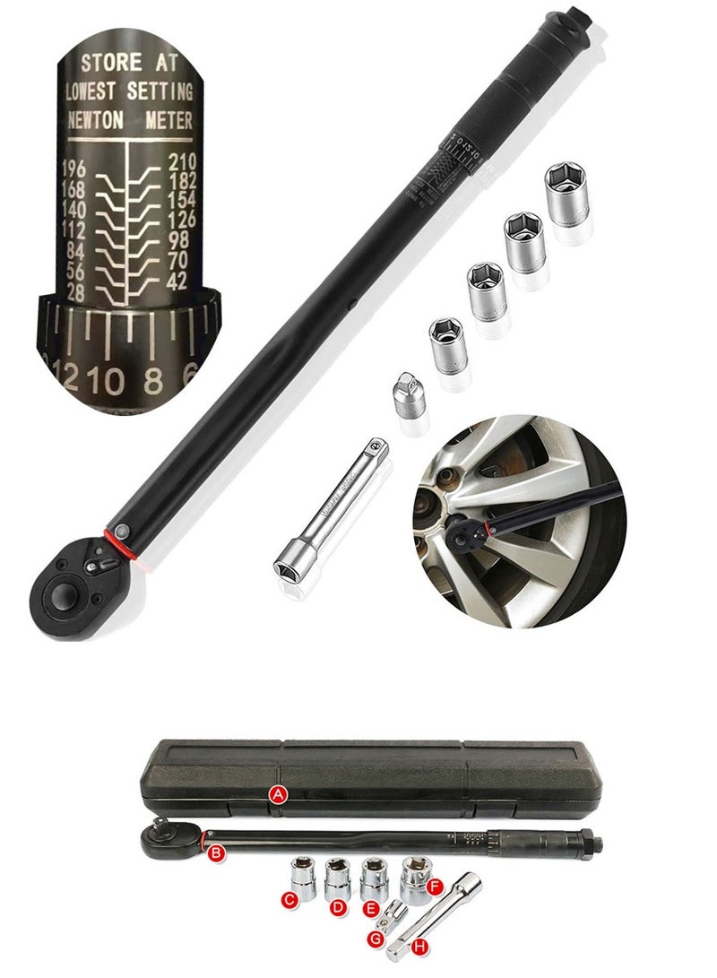 Torque Wrench 1/2 Inch 28-210Nm Two-Way Adjustable Ratchet Wrench Extension Rod 17/19/21/23mm Socket 3/8 Inch Adapter High Precision Wrench Repair Tool for Bicycle, Motorcycle, and Car Maintenance - Image 1