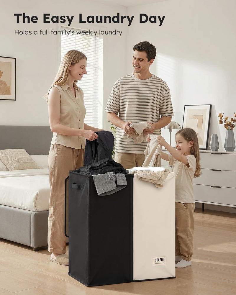 SOLEDI 145L Laundry Basket, Laundry Hamper, 2 Compartments with Lid and 2 Laundry Bags, Laundry Sorter Large XXXL for Bathroom, Bedroom, Laundry Room, Children's Room, 2 x 72.5 L, Black + Beige - Image 5